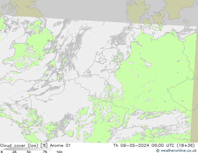 Cloud cover (low) Arome 01 Th 09.05.2024 06 UTC