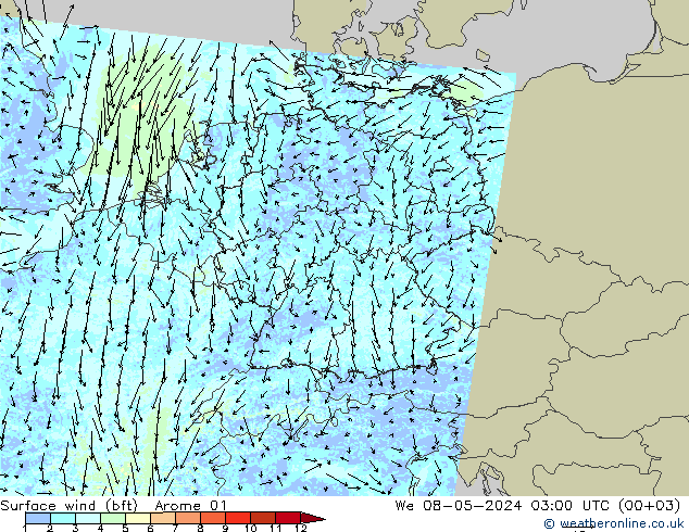 Wind 10 m (bft) Arome 01 wo 08.05.2024 03 UTC