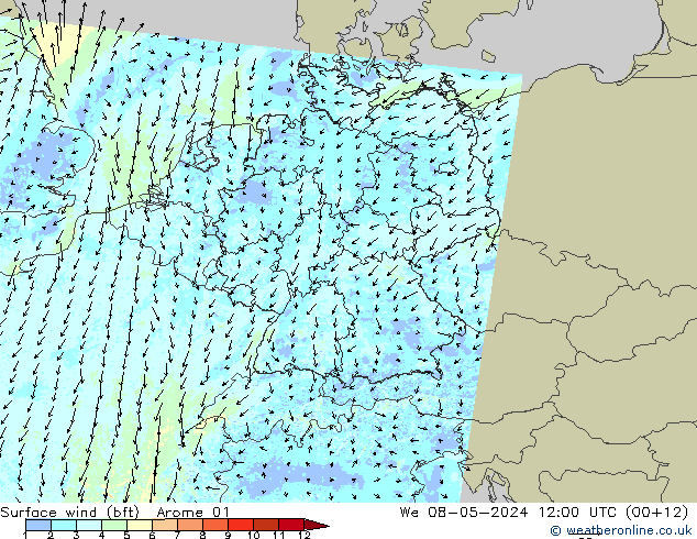 Wind 10 m (bft) Arome 01 wo 08.05.2024 12 UTC