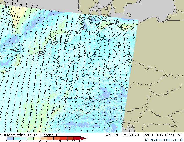 wiatr 10 m (bft) Arome 01 śro. 08.05.2024 15 UTC