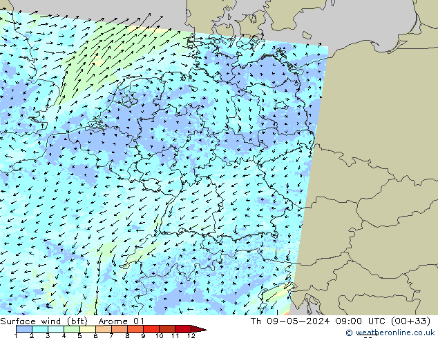 Surface wind (bft) Arome 01 Th 09.05.2024 09 UTC