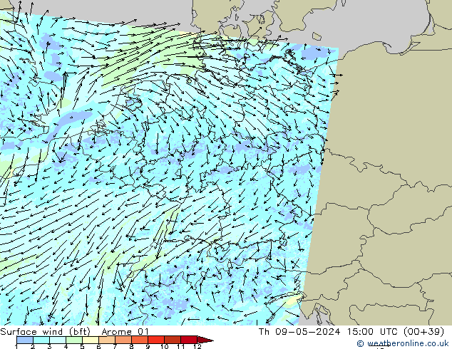 Rüzgar 10 m (bft) Arome 01 Per 09.05.2024 15 UTC