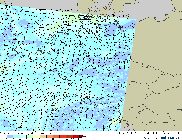 wiatr 10 m (bft) Arome 01 czw. 09.05.2024 18 UTC