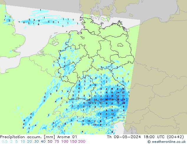 Precipitation accum. Arome 01 Th 09.05.2024 18 UTC