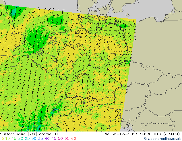Surface wind Arome 01 We 08.05.2024 09 UTC