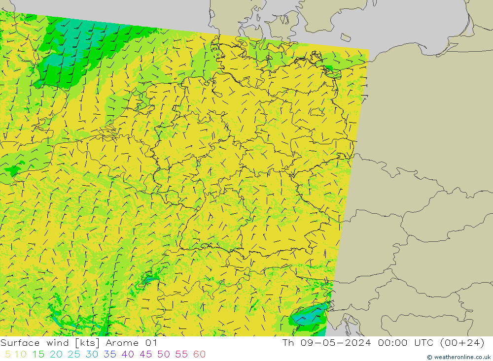 风 10 米 Arome 01 星期四 09.05.2024 00 UTC