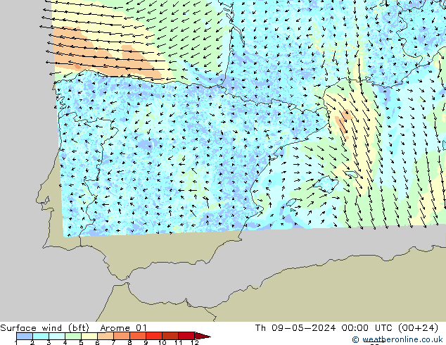 Surface wind (bft) Arome 01 Th 09.05.2024 00 UTC