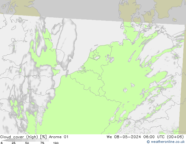 Cloud cover (high) Arome 01 We 08.05.2024 06 UTC
