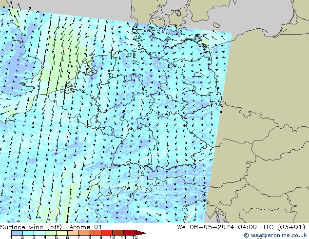 Surface wind (bft) Arome 01 St 08.05.2024 04 UTC