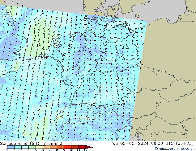 Bodenwind (bft) Arome 01 Mi 08.05.2024 06 UTC
