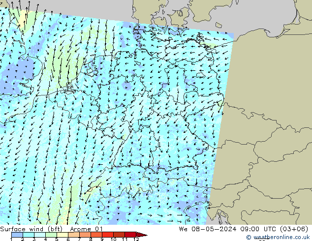 Wind 10 m (bft) Arome 01 wo 08.05.2024 09 UTC