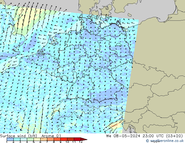 Bodenwind (bft) Arome 01 Mi 08.05.2024 23 UTC