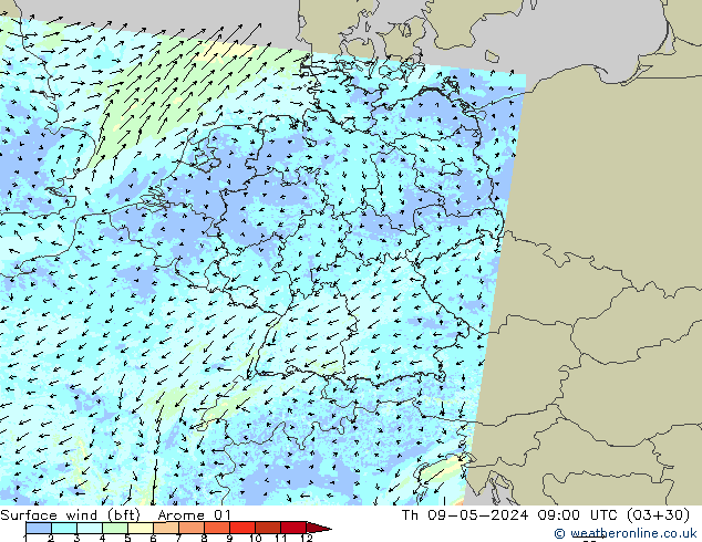 Vento 10 m (bft) Arome 01 gio 09.05.2024 09 UTC