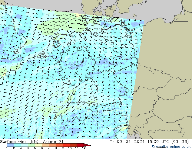 Surface wind (bft) Arome 01 Th 09.05.2024 15 UTC
