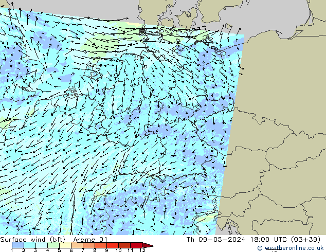 Surface wind (bft) Arome 01 Th 09.05.2024 18 UTC