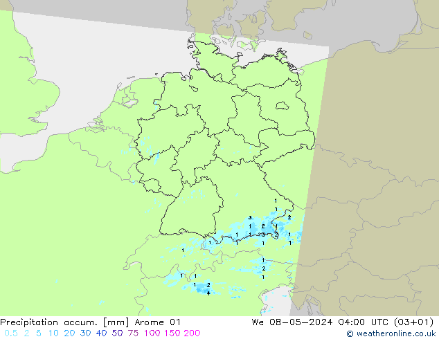 Precipitation accum. Arome 01 星期三 08.05.2024 04 UTC