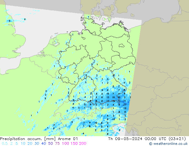Precipitation accum. Arome 01 czw. 09.05.2024 00 UTC
