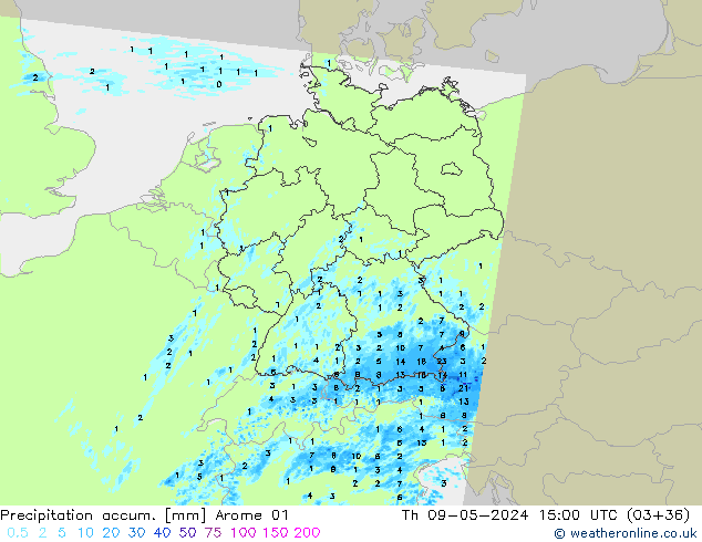 Totale neerslag Arome 01 do 09.05.2024 15 UTC
