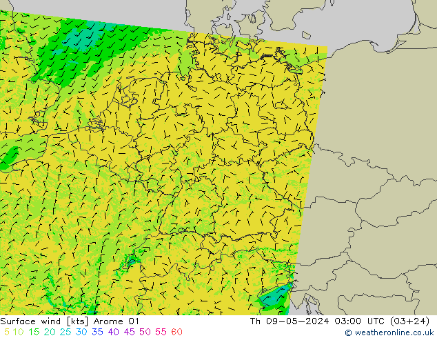 风 10 米 Arome 01 星期四 09.05.2024 03 UTC