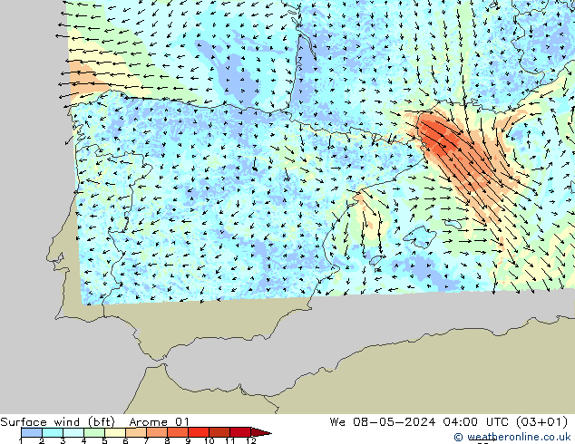 Wind 10 m (bft) Arome 01 wo 08.05.2024 04 UTC