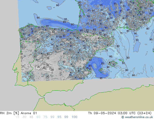 RH 2m Arome 01 gio 09.05.2024 03 UTC