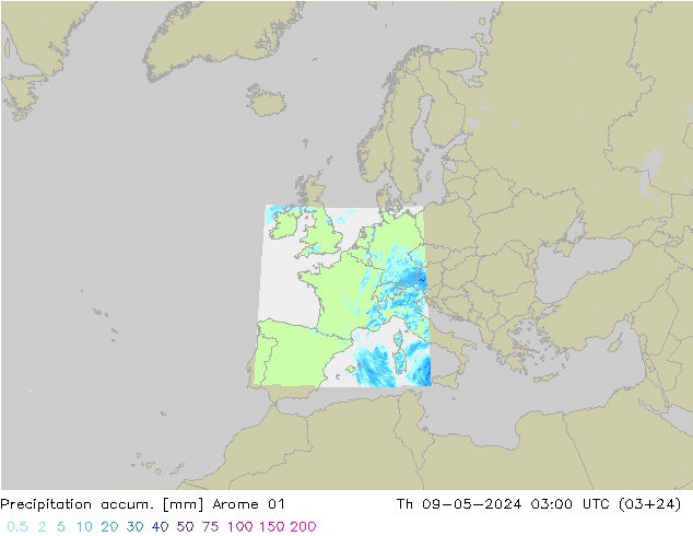 Precipitation accum. Arome 01 星期四 09.05.2024 03 UTC