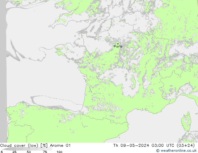 Cloud cover (low) Arome 01 Th 09.05.2024 03 UTC