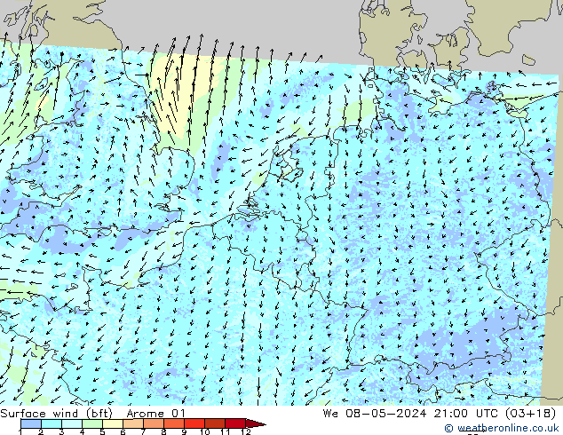 Surface wind (bft) Arome 01 We 08.05.2024 21 UTC