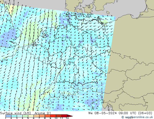 Surface wind (bft) Arome 01 We 08.05.2024 09 UTC