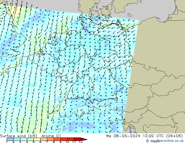 Bodenwind (bft) Arome 01 Mi 08.05.2024 12 UTC