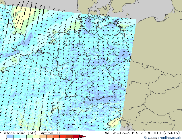 Wind 10 m (bft) Arome 01 wo 08.05.2024 21 UTC
