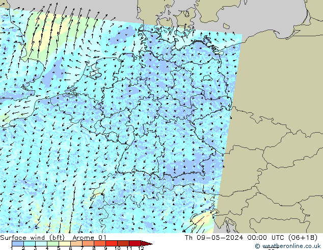 Wind 10 m (bft) Arome 01 do 09.05.2024 00 UTC
