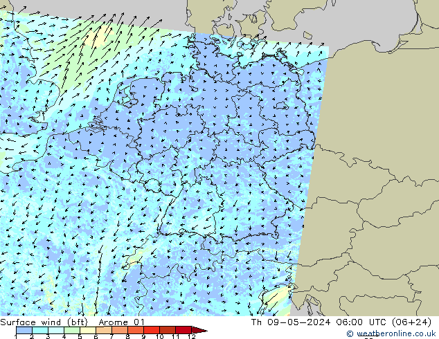 Wind 10 m (bft) Arome 01 do 09.05.2024 06 UTC