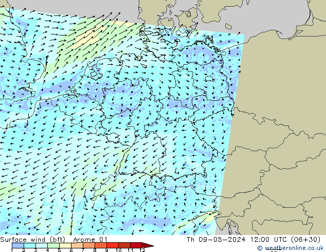 Wind 10 m (bft) Arome 01 do 09.05.2024 12 UTC