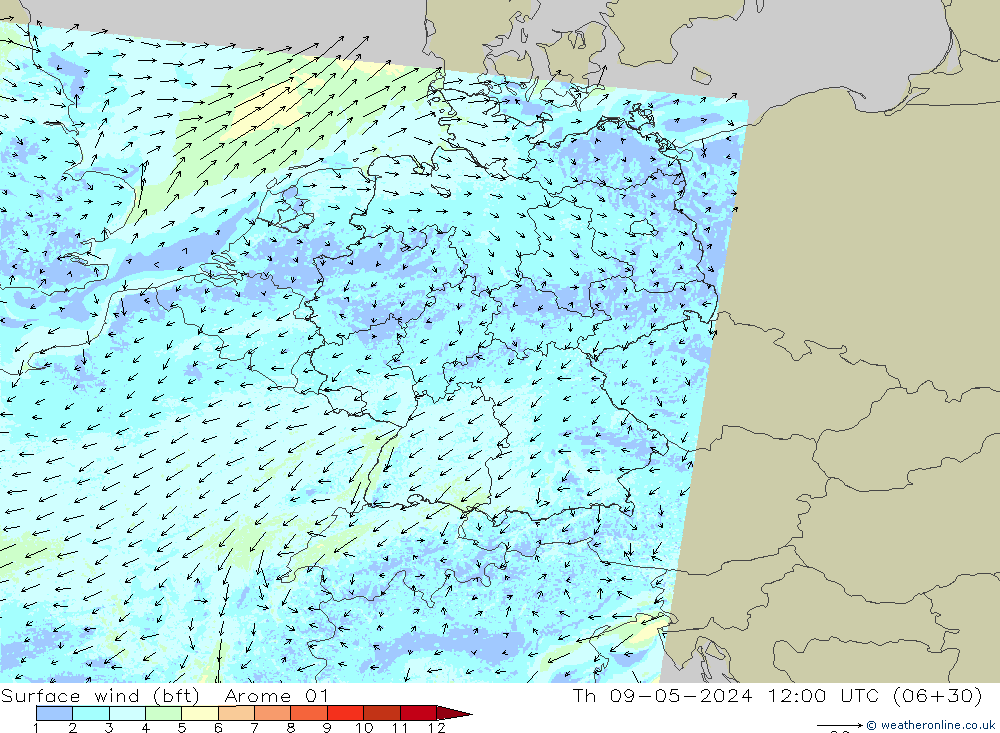 Viento 10 m (bft) Arome 01 jue 09.05.2024 12 UTC