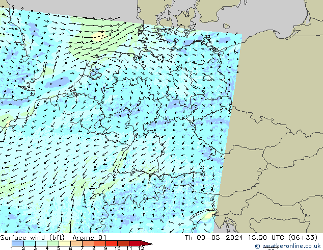 Surface wind (bft) Arome 01 Čt 09.05.2024 15 UTC