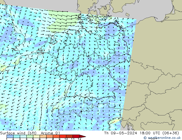Wind 10 m (bft) Arome 01 do 09.05.2024 18 UTC