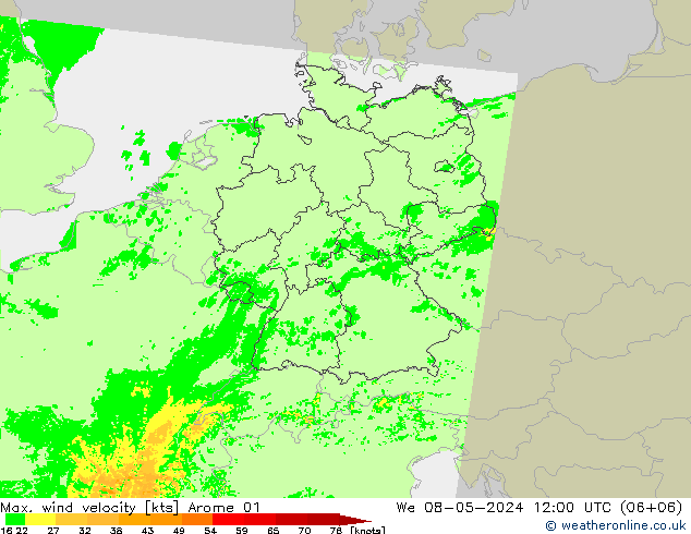 Max. wind velocity Arome 01  08.05.2024 12 UTC