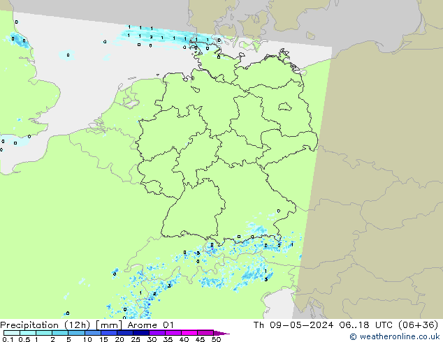 Precipitazione (12h) Arome 01 gio 09.05.2024 18 UTC