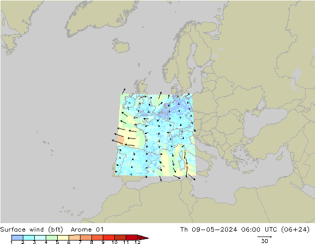 wiatr 10 m (bft) Arome 01 czw. 09.05.2024 06 UTC