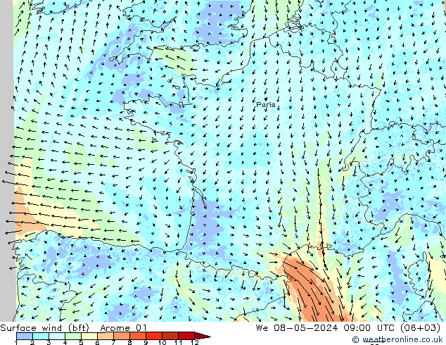 Wind 10 m (bft) Arome 01 wo 08.05.2024 09 UTC