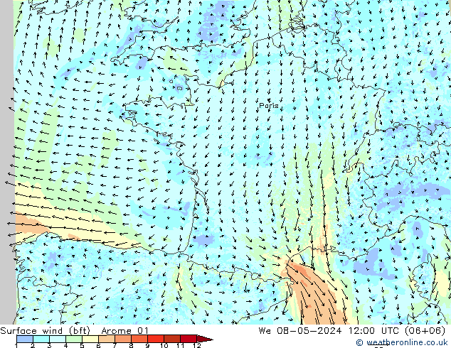 Surface wind (bft) Arome 01 St 08.05.2024 12 UTC