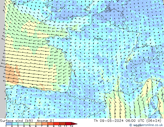 Wind 10 m (bft) Arome 01 do 09.05.2024 06 UTC