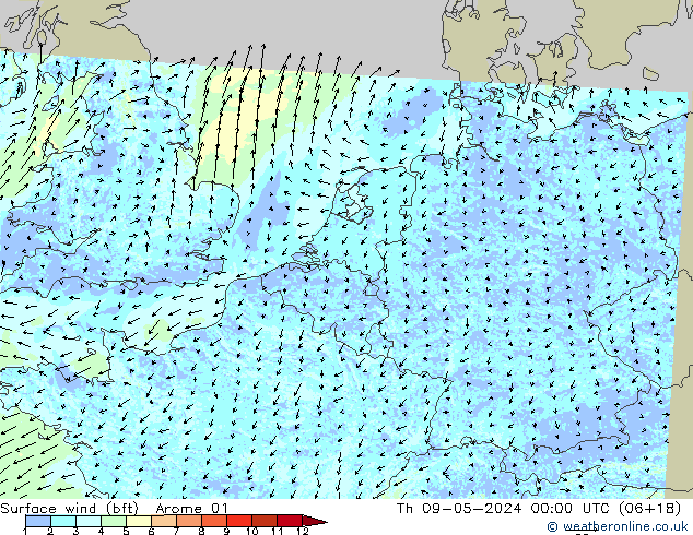 Wind 10 m (bft) Arome 01 do 09.05.2024 00 UTC