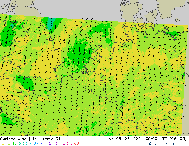 Vento 10 m Arome 01 mer 08.05.2024 09 UTC