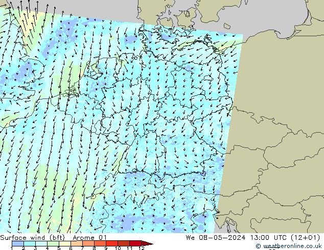 Wind 10 m (bft) Arome 01 wo 08.05.2024 13 UTC