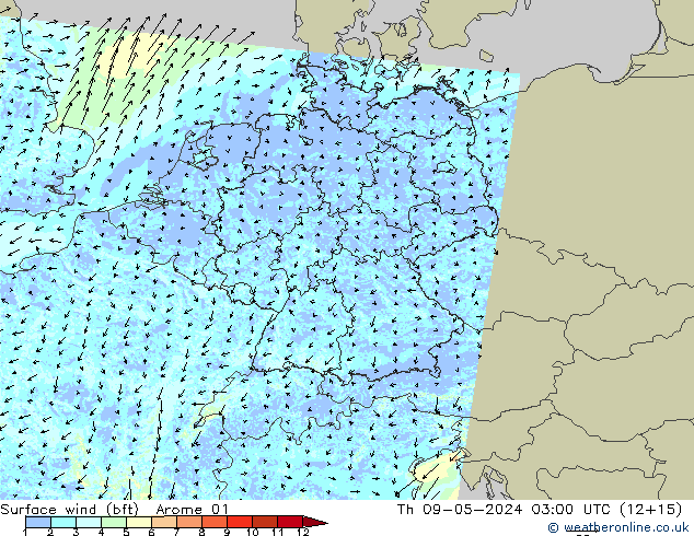 Surface wind (bft) Arome 01 Čt 09.05.2024 03 UTC