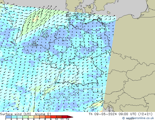 Rüzgar 10 m (bft) Arome 01 Per 09.05.2024 09 UTC