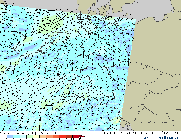 Viento 10 m (bft) Arome 01 jue 09.05.2024 15 UTC