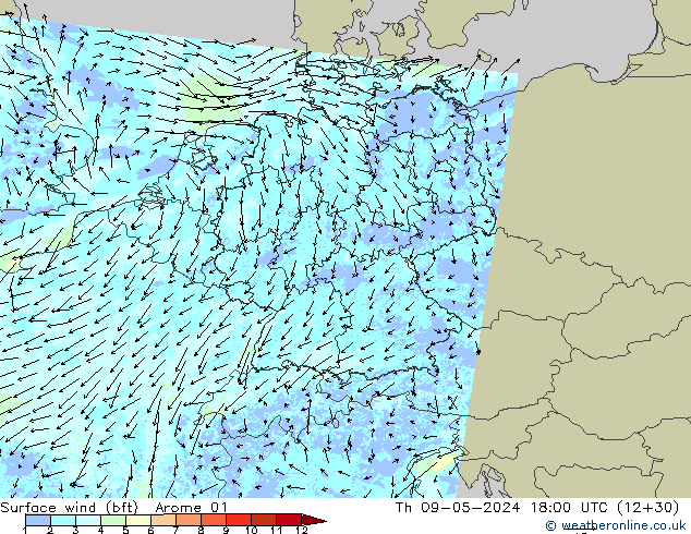 Rüzgar 10 m (bft) Arome 01 Per 09.05.2024 18 UTC
